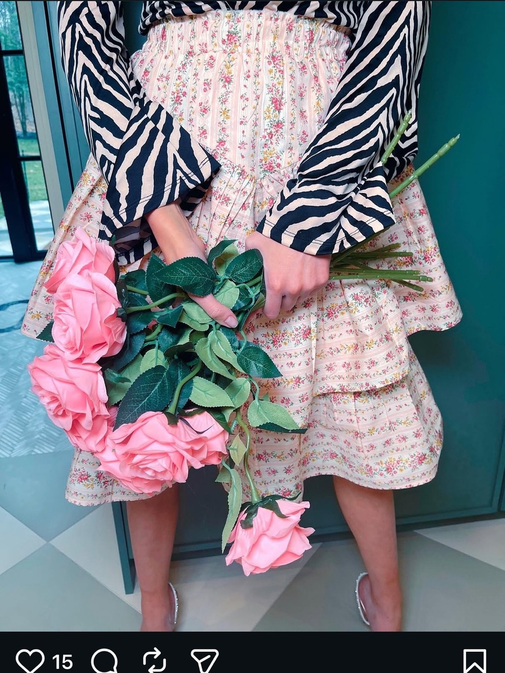 CurrentNYC Floral Tiered Ruffled Skirt in Soft Pink